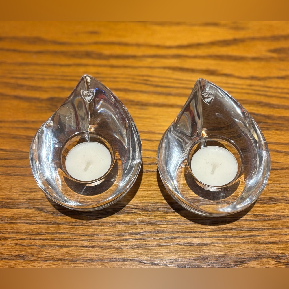 Orrefors Pair of Swedish Teardrop Votive Holders Vintage  Signed with stickers.